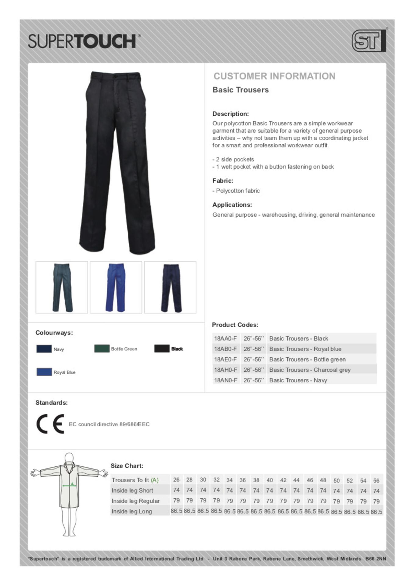 20 x high quality SuperTouch Reg Trouser - Black - W40 - 210 Gms - Poly/Cot 65/35 - 3 Pockets . Sugg - Image 2 of 2