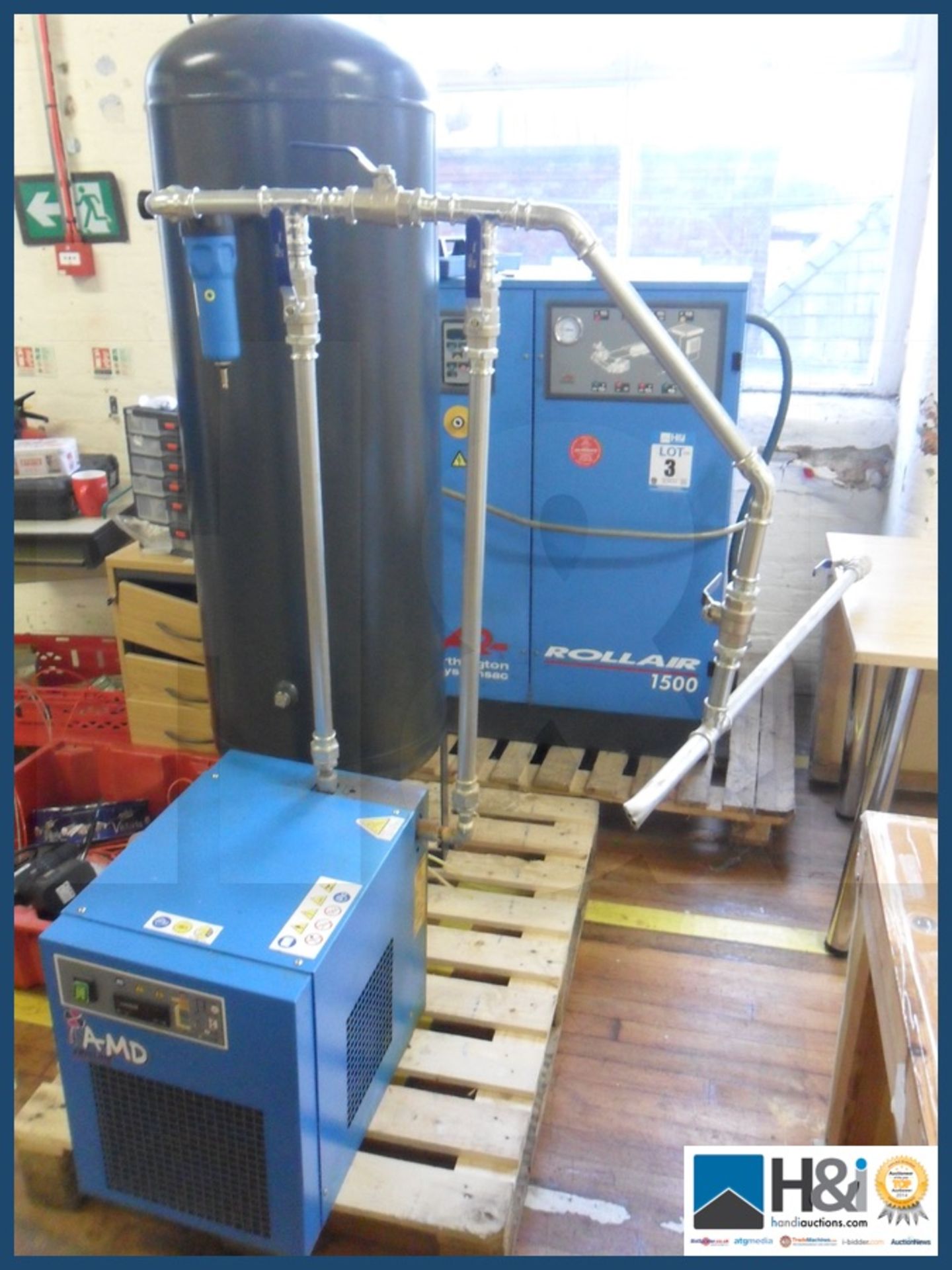 Rollair 1500 Screw compressor vertical tank. 270 ltr capacity and AMD 18/AC Condenser. See images f