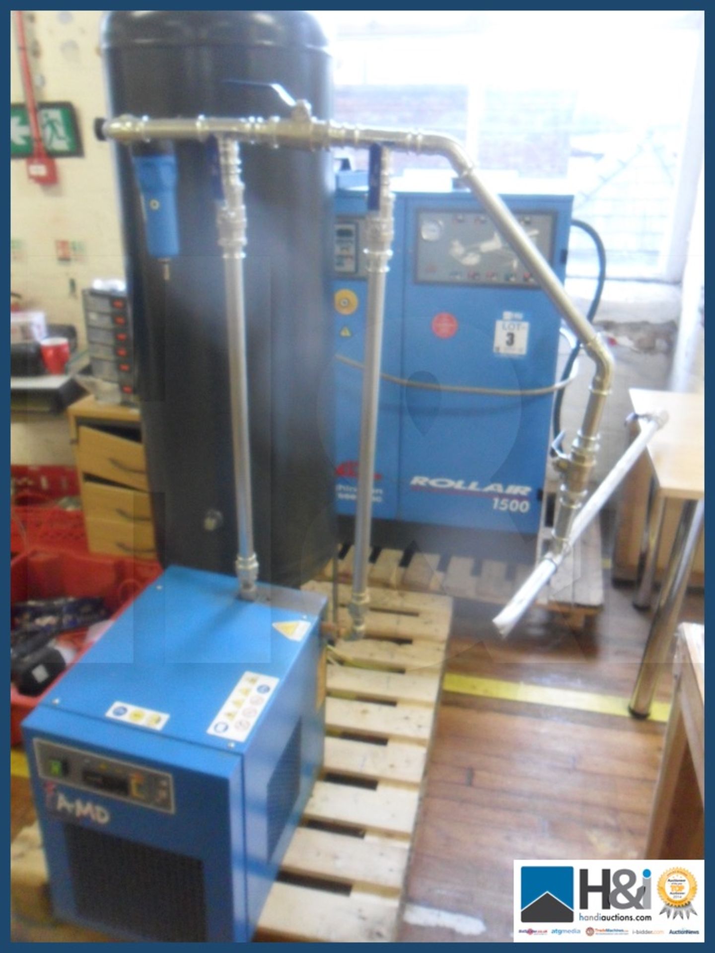 Rollair 1500 Screw compressor vertical tank. 270 ltr capacity and AMD 18/AC Condenser. See images f - Image 2 of 13
