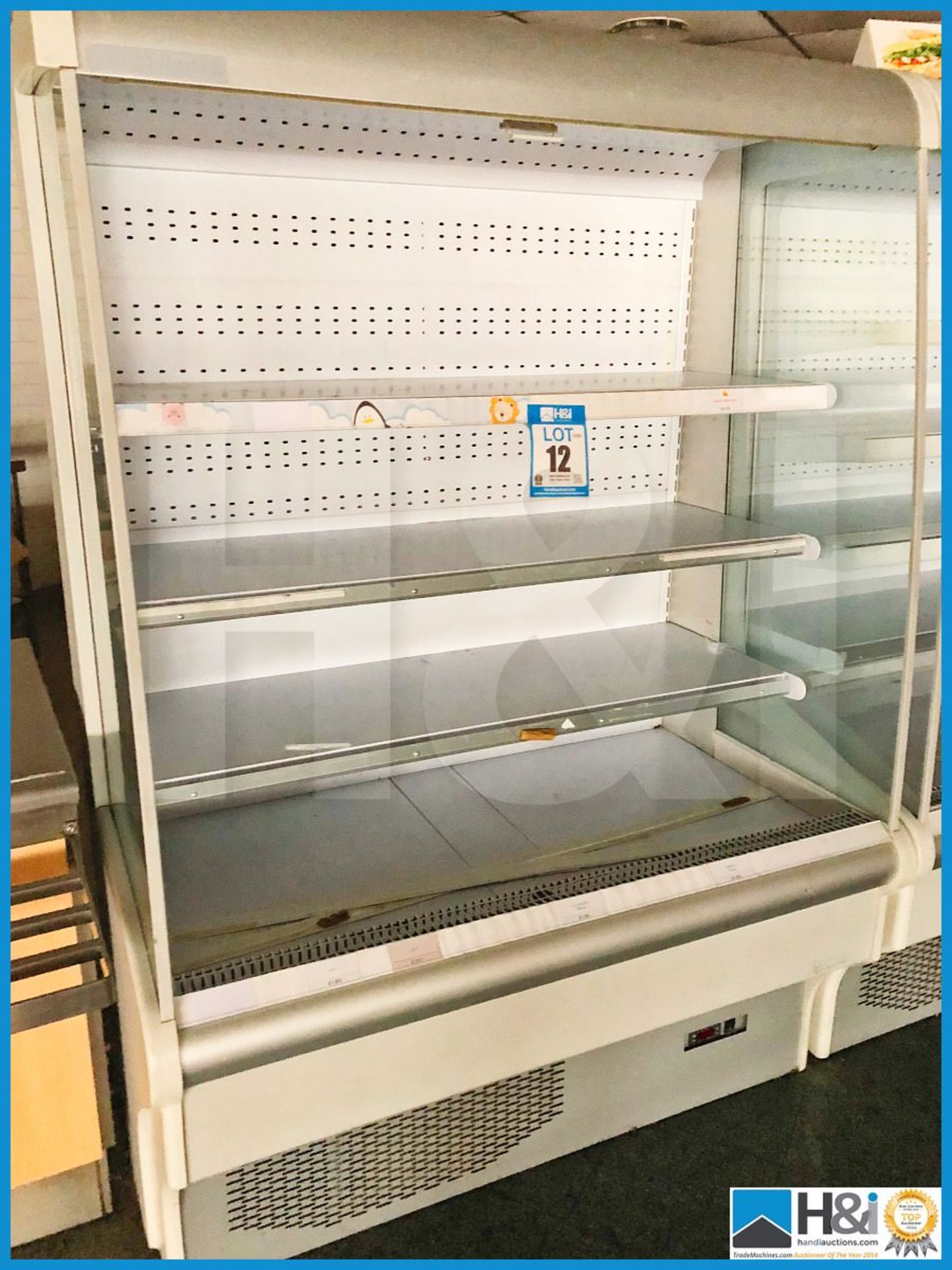Chilled and illuminated food cabinet with pull down cover 1300mm wide X 850mm deep X 2m high.