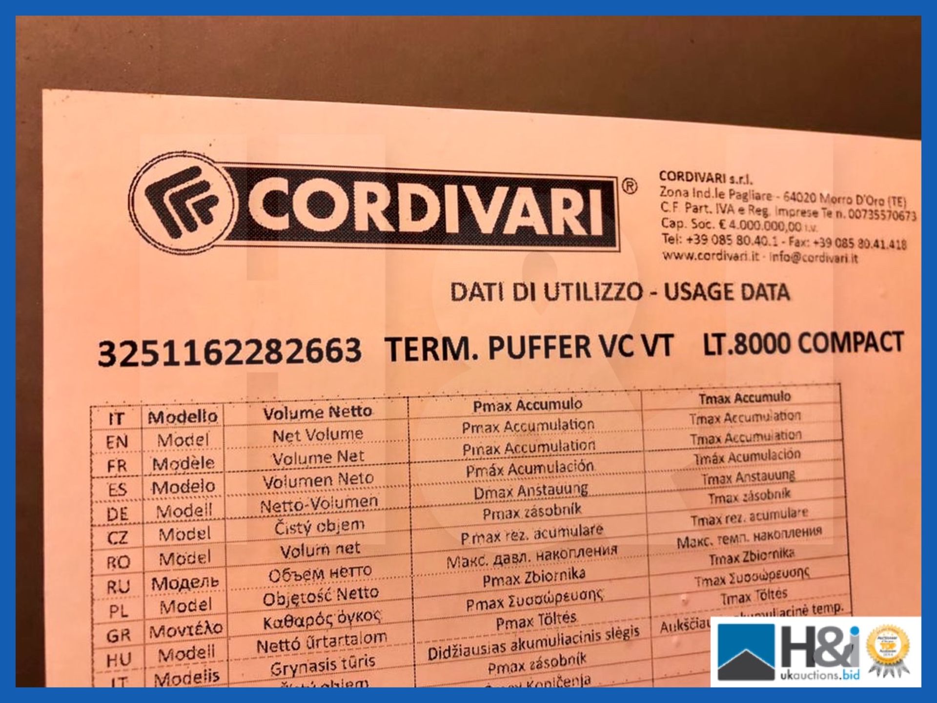 2018 year Cordivari Buffer tank for the storage of hot water for heating supply. Believed to be 8000 - Image 5 of 10