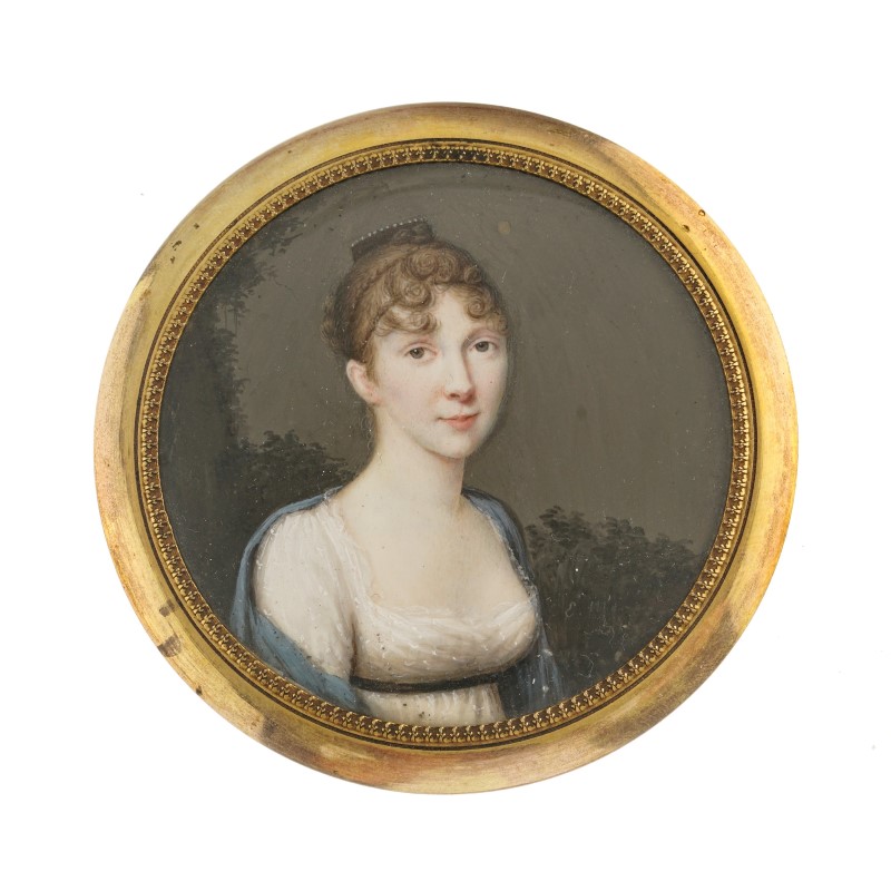 Madame Dumas portrait rond en miniature sur ivoire début XIXe s. signé E. Moré et daté 1805
