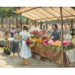 Yvonne Lemoine (19031982) "Marchande de fleurs marché d'Enghien" huile sur toile au verso Etude