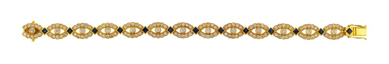 Bracelet or 750 serti de diamants taille brillant (total env. 2 ct) et de saphirs taille carré long.