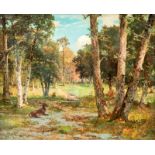 Pierre Auguste BrunetHouard (18291922) Cerf dans les bois huile sur toile signée 465x555 cm