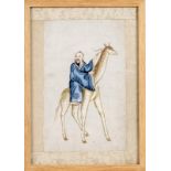 Personnages 2 gouaches sur papier d'aralie Chine Canton XIXe s. une montrant un homme sur une girafe