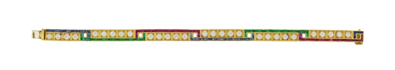 Bracelet or 750 et 585 à motif géométrique serti de diamants taille brillant de rubis d'émeraudes et
