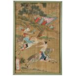 Traversée du pont de Dangyang et Combat de cavaliers 2 peintures sur soie Chine dynastie Qing scènes