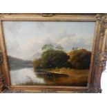 Andrew Grant Kurtis. A signed oil on canvas - River scene with trees on the bank and mountains in