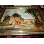 A 19th Century oil on canvas - Farmyard scene with cows and figures, gilt framed - 18in. x 25in. and