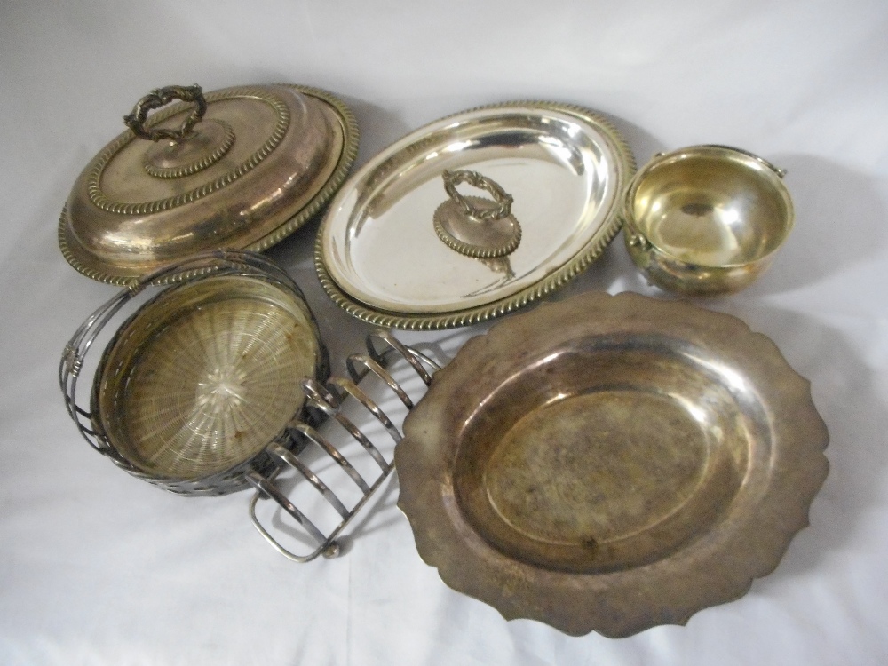A selection of plated items including entree dishes, tea service, flatware, oak box of six pairs