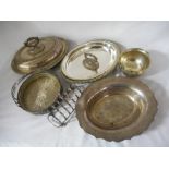 A selection of plated items including entree dishes, tea service, flatware, oak box of six pairs