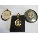 An antique painted miniature - Head and shoulders portrait of a lady in 17th Century dress, in a