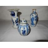 A small Chinese Gu shaped vase painted flowers in blue and white - 4 1/2in. high, a small Chinese