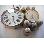 A carriage clock with cream enamel dial, in a brass and glass case (needs reassembling), a pocket