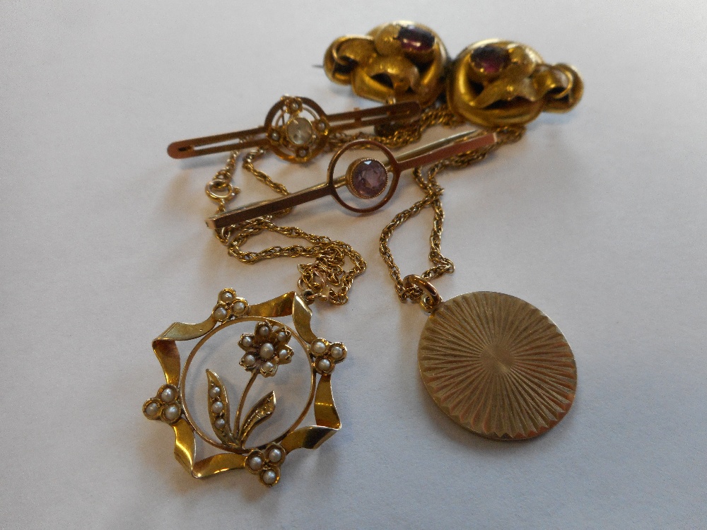 A 9ct. gold pendant of pierced design set seed pearls to flower design, a pair of Victorian earrings - Image 2 of 2