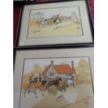 Harry Eliott. A set of three watercolours - Hunting and coaching scenes, in Hogarth style frames and