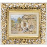 Monogrammed W.J.R. A Victorian watercolour depicting three children seated before a stone cottage
