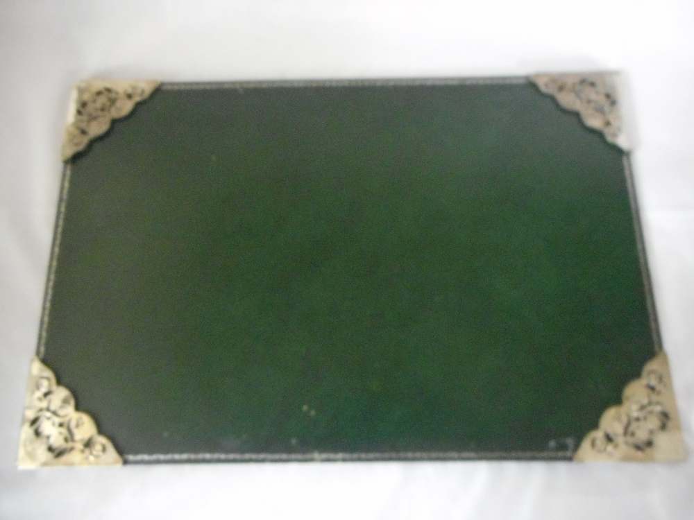 A green desk blotter with pierced silver mounted corners - Birmingham 1993, makers mark for Barker