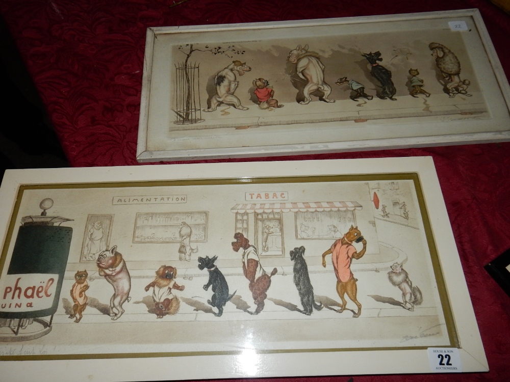 Two humorous coloured prints after Dan O'Klein depicting Dogs of Paris, signed in pencil the mounts,