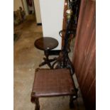 A Victorian cast iron and brass adjustable floor standing oil lamp, a stinkwood stool with lattice