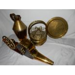 Two brass jugs, brass basket, bellows, trays etc..