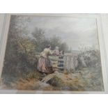 A Victorian watercolour - Landscape scene with a lady and two children at a gate, mounted, framed