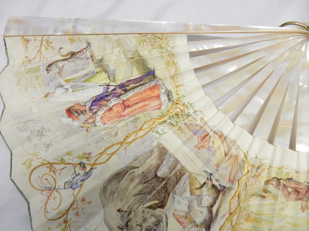 A French hand painted fan by J Duveilory with mother of pearl sticks and guards, on in a red - Image 3 of 4