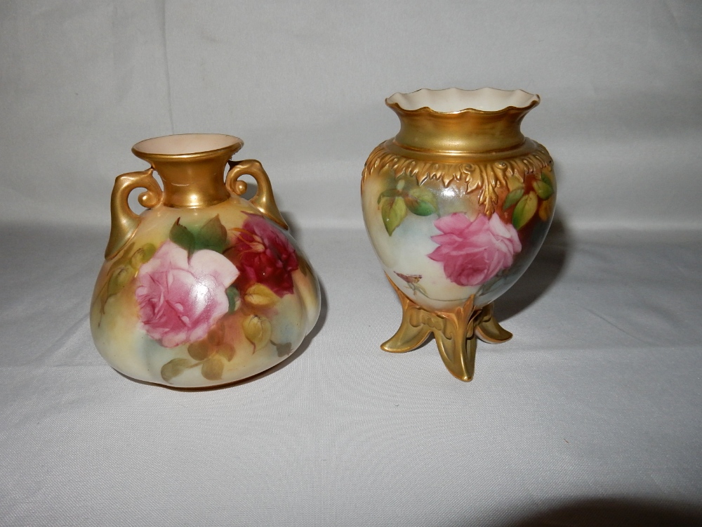 Two Royal Worcester vases, one of ovoid form, the other of lobed form (af), both painted roses -