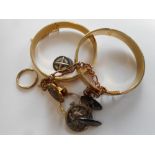 A pair of 9ct. gold hoop earrings, a 9ct. rose gold bracelet, a St Christopher, two rolled gold