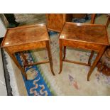 A pair of walnut lamp tables with 3/4 tray tops, on square legs with straight stretchers - 15 1/2in.