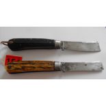Pair of Antique Abram Brookshank Sheffield Horn Handled Knives - 8 1/2 and 8" open.