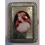 English Hallmarked Silver Cigarette Case with enamel of Lady on front - 3 1/4" x 2 1/4"