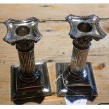 Pair of Antique Silver Corinthian Pillar Candlesticks - 6" tall and 3 1/4" square on base.
