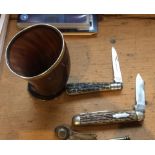 Lot of Vintage Horn Beaker and duo of Horn Handled Sheffield Knives.