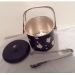 A Continental silver enamelled standard sized ice bucket with tongs and drainer -11cm tall.