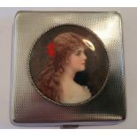 English Hallmarked Silver Compact with Enamel Front of Lady - 3" x 3".