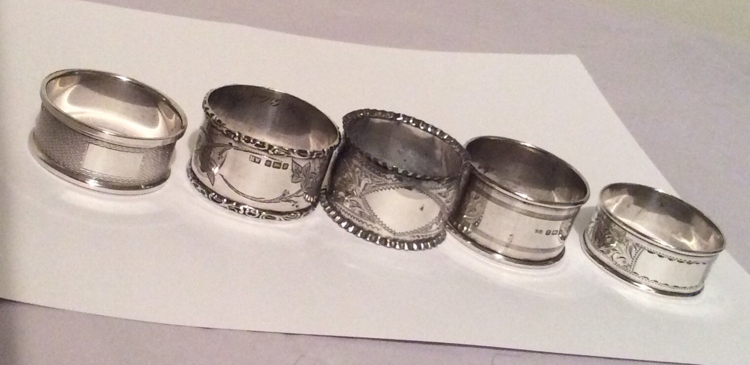 Lot of 5 Antique/Vintage Silver Napkin Rings.