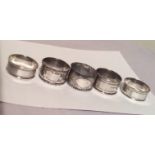 Lot of 5 Antique/Vintage Silver Napkin Rings.