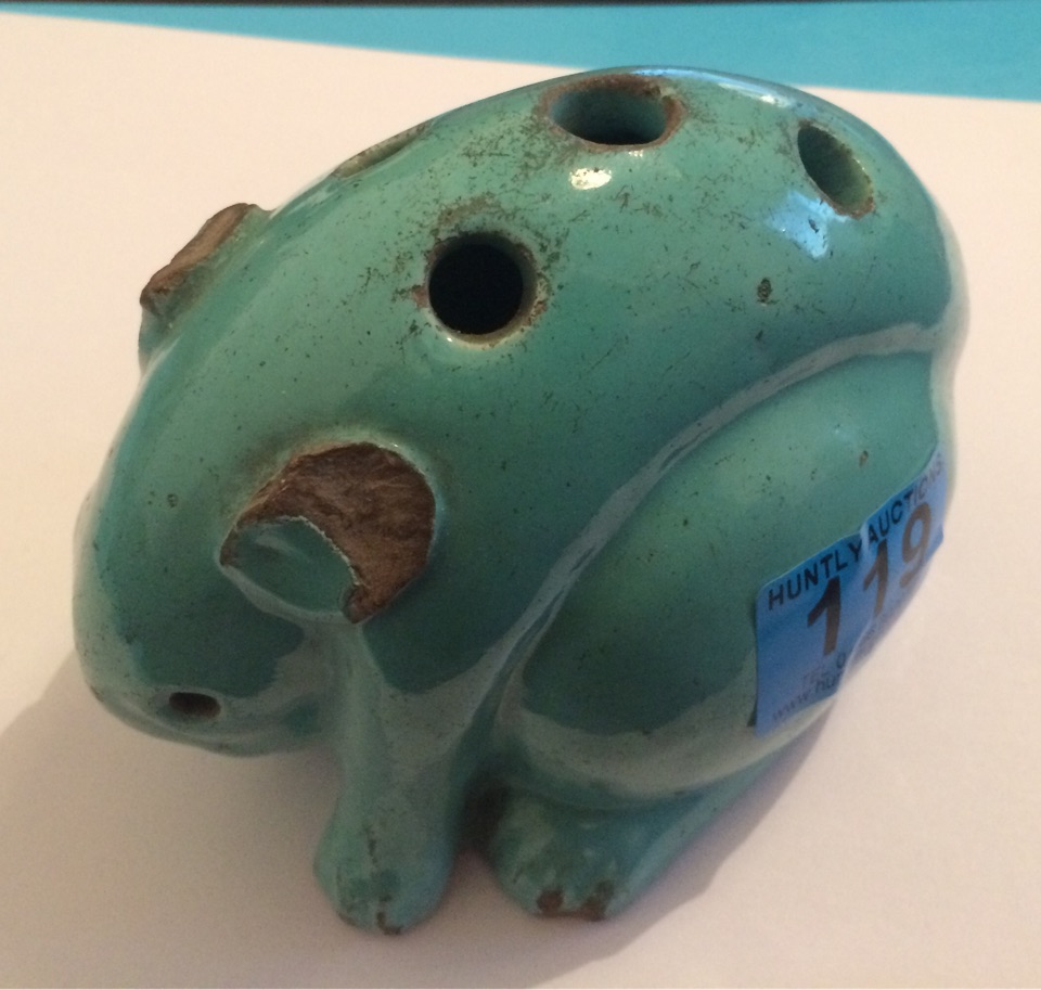 Antique Oriental Turquoise Coloured Glazed Pottery Rabbit/Rat - 5 1/2" long - 4 1/2" tall.
