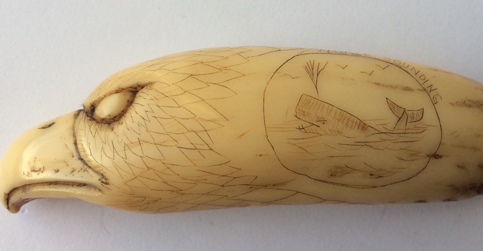 Antique Scrimshaw Tooth 3 5/8" (95mm) depicting Yankee Whaler 1849 and Whale Sounding. - Image 5 of 10