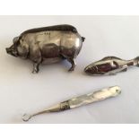 Lot of Silver Pin-Cushion Pig (3 1/4") - Silver Button Hook - Silver Brooch.