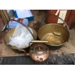 Lot of Brass Berry Pans and Copper Kettle.