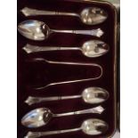 Vintage Boxed Set of 6 Silver Spoons and Silver Tongs.