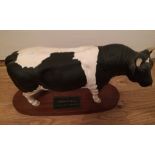 Beswick Friesan Bull on Wooden Plinth - 12 1/2" x 8 1/2"