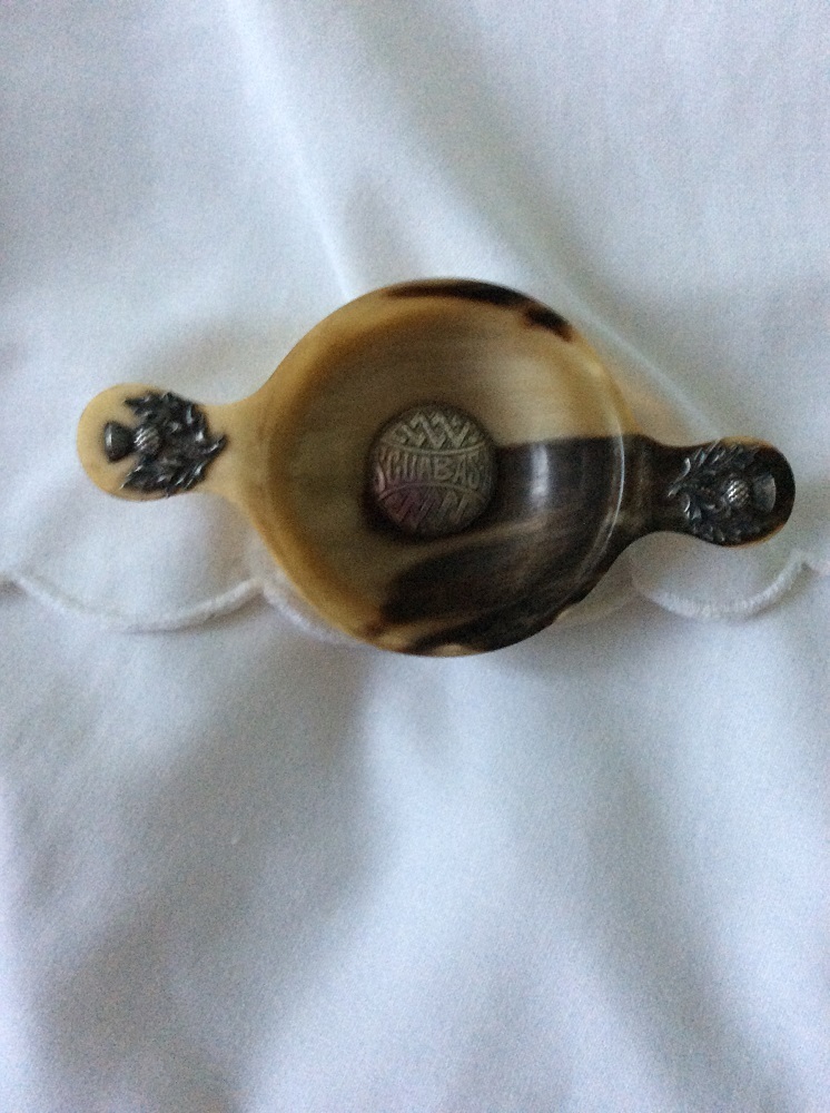 Antique Scottish horn & Silver quaich. inscribed ” Scuabasi”