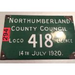 Vintage Northumberland County Council Enamel Loco 418 Licence - 8" x 5".