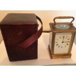 Antique Cased Brass Carriage Clock with Key - working order.