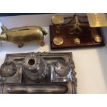 Lot of Brass Postal Scales-Silver Plated Inkwell Stand-Brass Pig Money Bank.