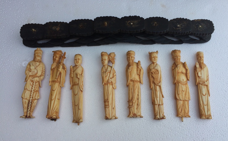 Lot of 8 Oriental c1920 Ivory Figures on Stand 4 1/4" (110mm) tall.